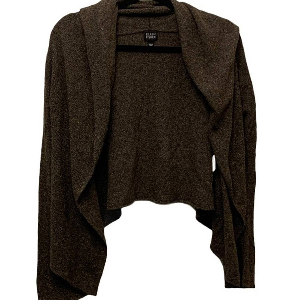 Eileen Fisher Brown Silk Blend Knit Open Front Hooded Cardigan Women's Size XS